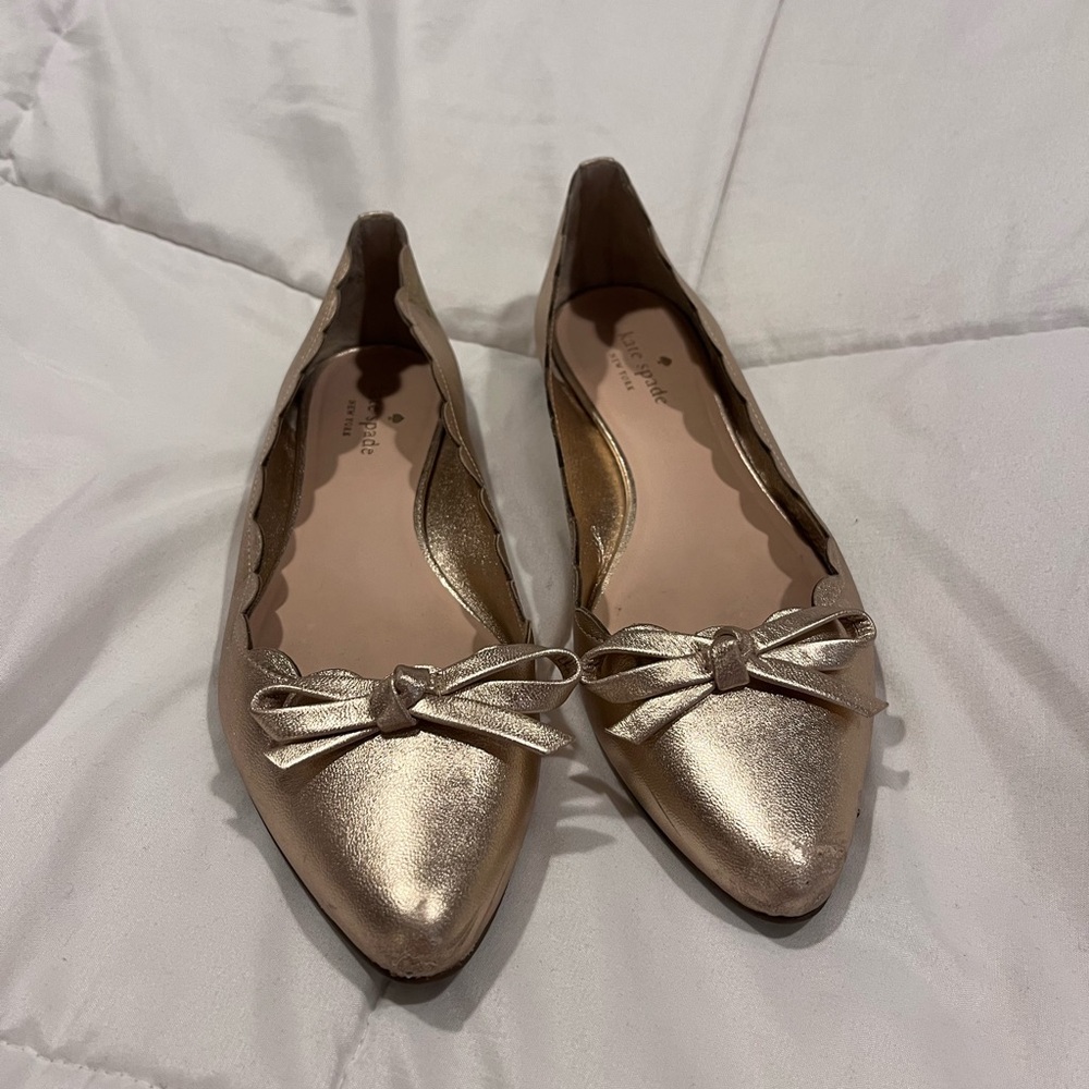 Kate Spade Eleni Metallic Gold Pointed-Toe Bow Flats - size 9